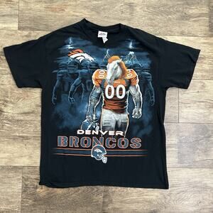 Majestic NFL Denver Broncos Unisex Large Black Faded Graphic Tee Y2K Streetwear